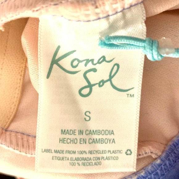 Kona Sol One Piece Blue Tropical Print Ruffle Neck High Coverage Swim Suit S M - Picture 8 of 10